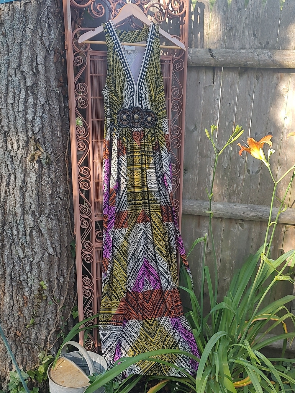 Boho Print V-Neck Maxi Dress in Yellow, Purple & Orange